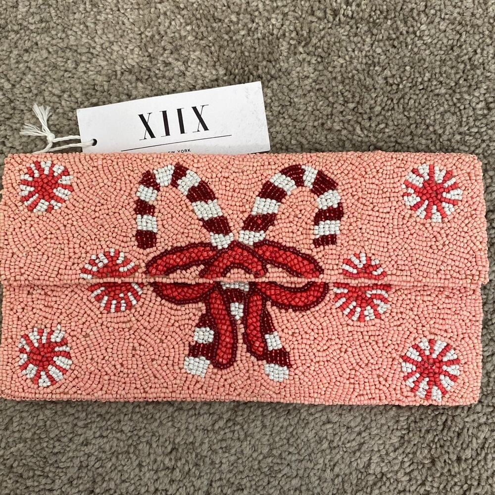 New Collection XIIX Beaded Candy Cane Holiday Clutch Pink Christmas